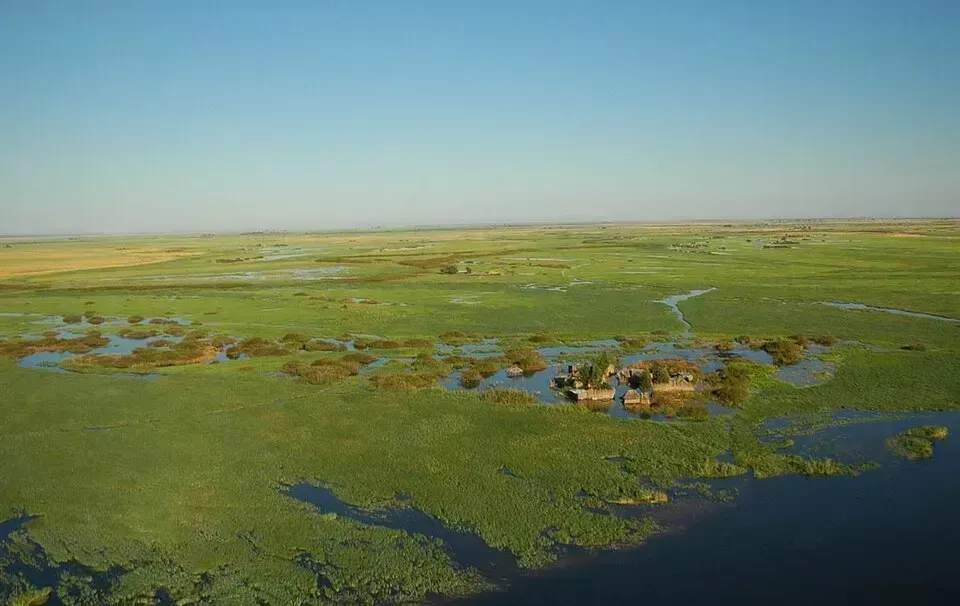 The emerald Zambezi floodplains seen from the air
